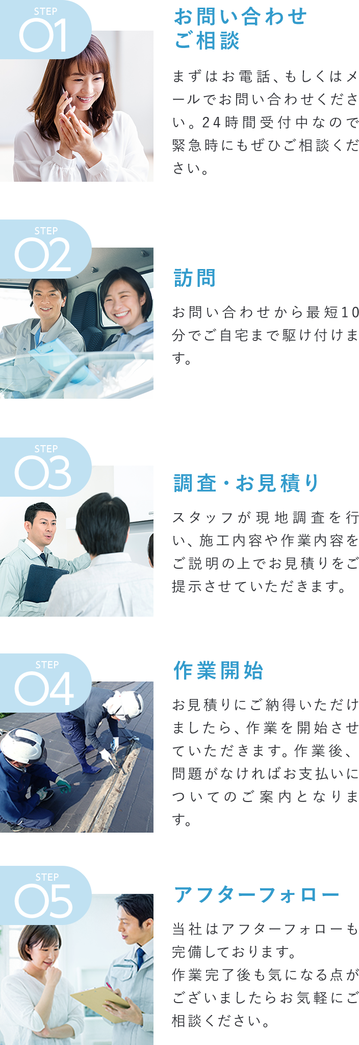 ①お問い合わせ・ご相談、②訪問、③調査・お見積り、④作業開始、⑤アフターフォロー